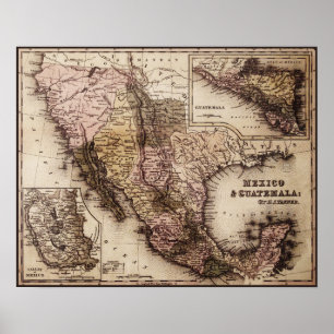 Poster Carte historique Mexique et Guatemala Canvas Impri