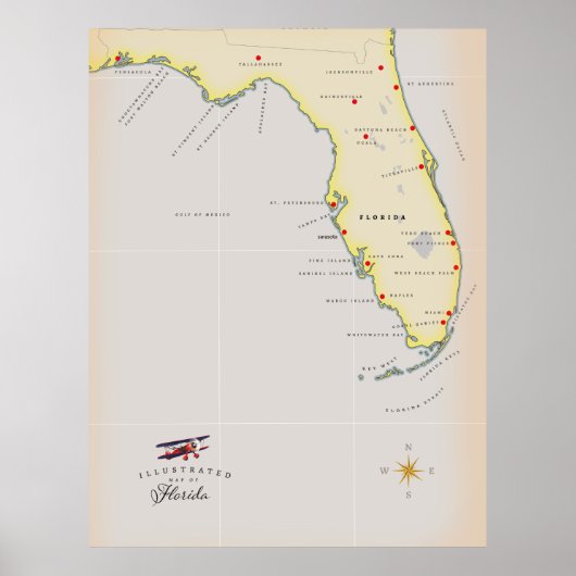 Poster Carte illustrée de Floride (Devant)