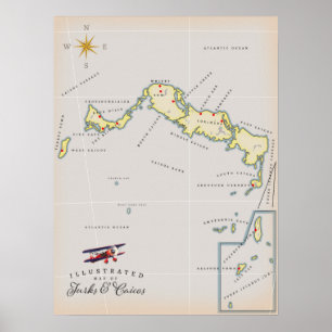 Poster Carte illustrée de la carte des îles Turques-et-Ca