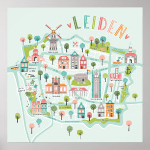 Poster Carte illustrée de Leiden City sur l'arrière - pla