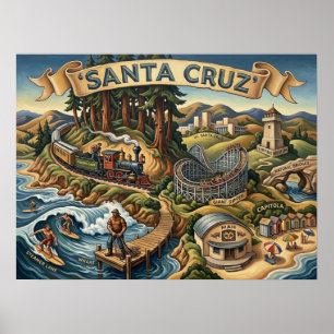 Poster Carte illustrée de Santa Cruz Californie avec quai