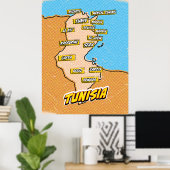 Poster Carte illustrée de Tunisie Pop Art (Bureau à domicile)