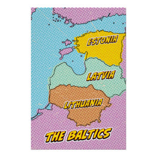 Poster Carte illustrée des États baltes dans le style Pop