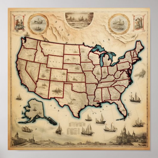 Poster Carte illustrée des États-Unis (Devant)
