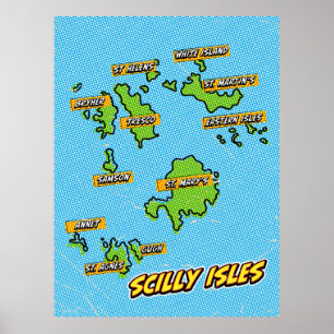 Poster Carte illustrée des îles Scilly dans le style Pop