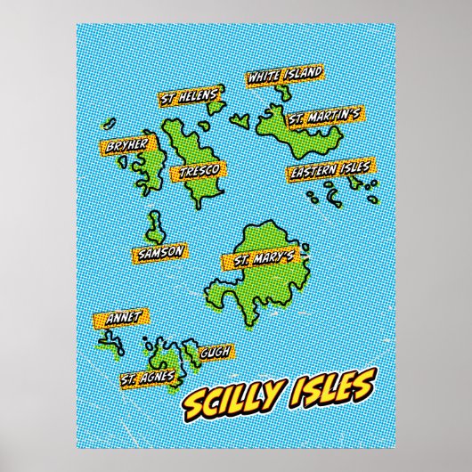 Poster Carte illustrée des îles Scilly dans le style Pop (Devant)
