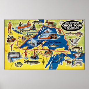Poster Carte illustrée vintage du lac Supérieur