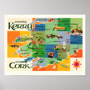 Poster Carte imprimée de l'Irlande, comtés de Kerry et Co