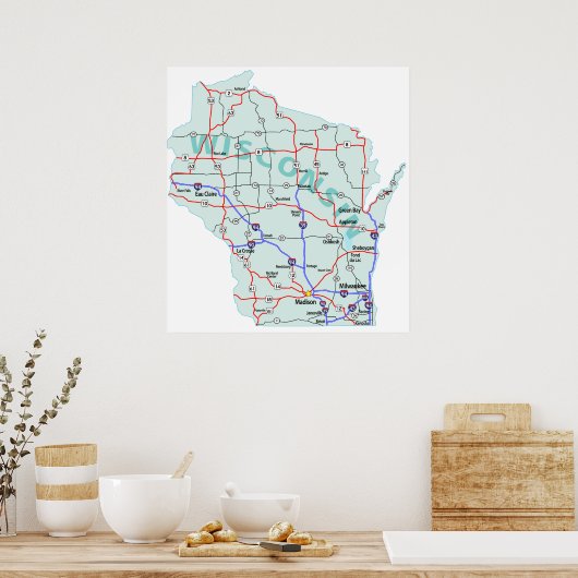 Poster Carte Interstate Wisconsin (Cuisine)