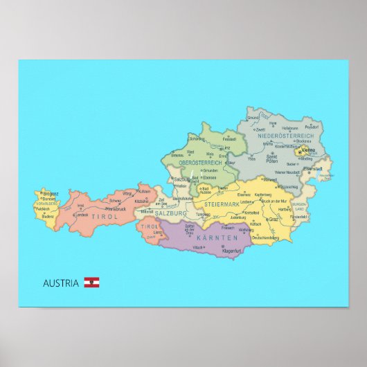 Poster Carte isolée des régions d'Autriche (Devant)