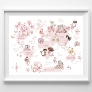 Poster Carte Magique du Monde des Filles, Sirènes Roses e