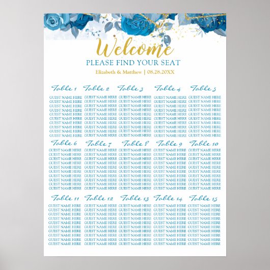 Poster Carte Mariage Cyan Blue Et Gold Floral (Devant)