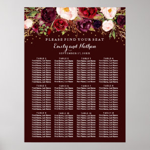 Poster Carte mariage de siège Bourgogne or Floral