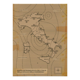 Poster Carte météo vintage de l'Italie, Scilly et Sardaig