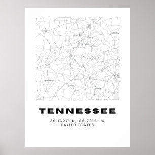 Poster Carte minimaliste du Tennessee Art - noir et blanc