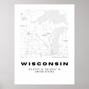 Poster Carte minimaliste du Wisconsin Art - noir et blanc