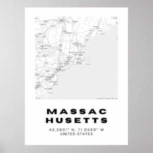 Poster Carte minimaliste Massachusetts Art - noir et blan