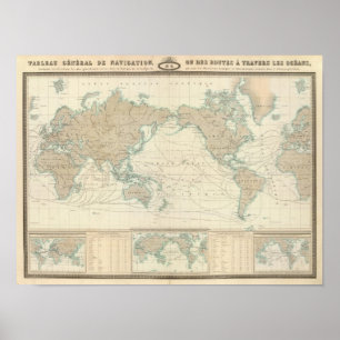 Poster Carte mondiale des canaux de navigation