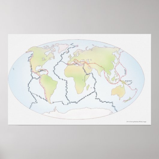 Poster Carte mondiale montrant les marges des plaques (Devant)
