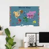 Poster Carte mondiale pour enfants - Bleu avec drapeaux (Bureau à domicile)