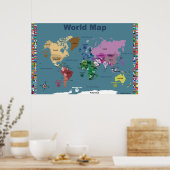Poster Carte mondiale pour enfants - Bleu avec drapeaux (Cuisine)