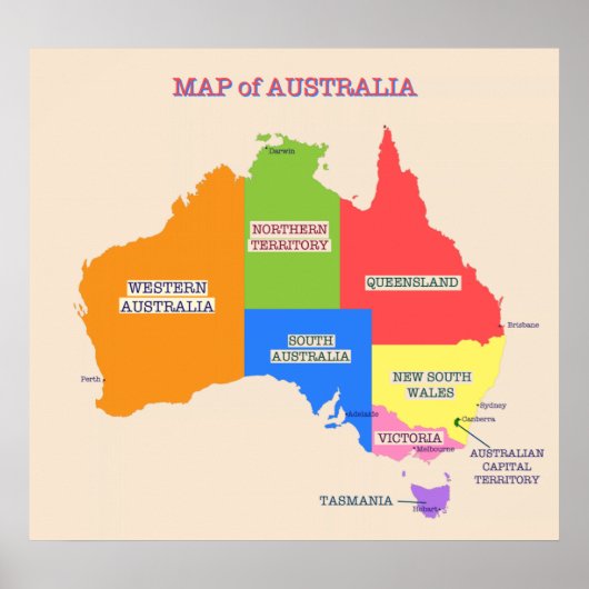 Poster Carte multicolore de l'Australie (Devant)