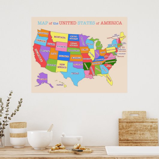 Poster Carte multicolore des États-Unis (Cuisine)