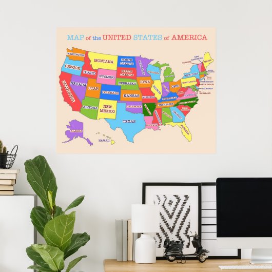 Poster Carte multicolore des États-Unis (Bureau à domicile)