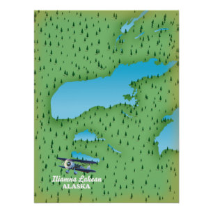 Poster Carte murale en bois du lac Iliamna en Alaska