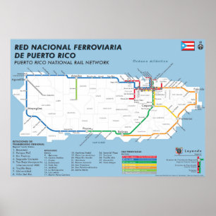 Poster Carte nationale de Porto Rico Tren / Carte ferrovi
