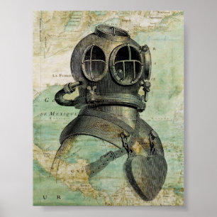 Poster Carte nautique antique avec l'affiche de casque de