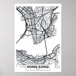 Poster Carte noire et blanche de ville de Hong Kong,