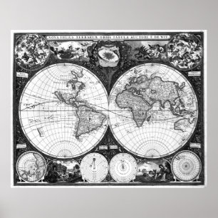 Poster Carte noire et blanche du monde (1665)