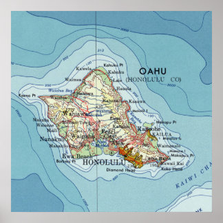 Poster Carte Oahu Vintae