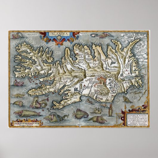 Poster Carte Ortelius Islandia avec Monstres de mer Impri (Devant)