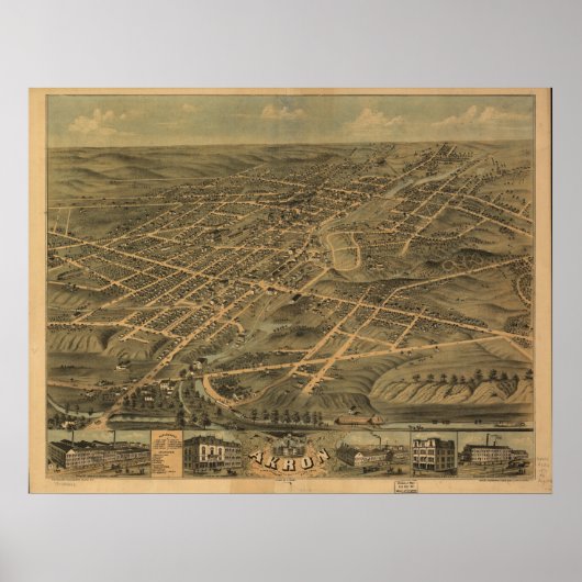 Poster Carte panoramique antique Akron Ohio 1870 (Devant)