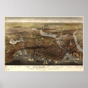 Poster Carte panoramique antique de Boston le