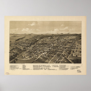 Poster Carte panoramique antique de Greenville le Texas