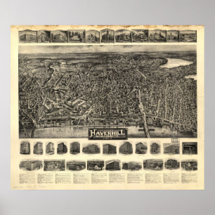 Poster Carte panoramique antique de Massachusetts 1914 de