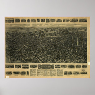 Poster Carte panoramique antique de Waterbury le