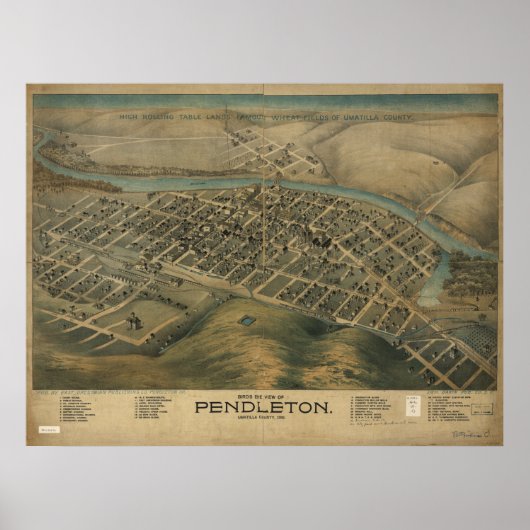 Poster Carte panoramique antique Pendleton Oregon 1890 (Devant)