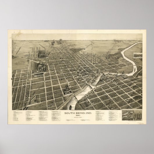 Poster Carte panoramique de South Bend Indiana 1890 (Devant)