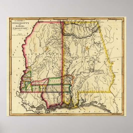Poster Carte panoramique du Mississippi et de l'Alabama (Devant)