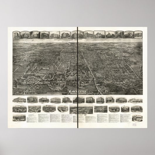 Poster Carte panoramique Manchester Connecticut 1914 (Devant)