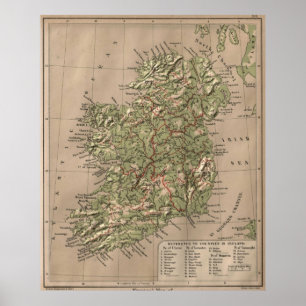 Poster Carte physique vintage de l'Irlande (1880)
