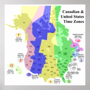 Poster Carte politique de Canadien et de fuseau horaire
