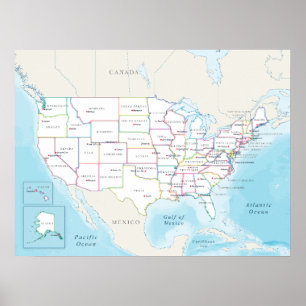 Poster Carte politique des États-Unis avec les capitales.