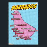 Poster Carte Pop Art Illustrated Barbados<br><div class="desc">Une carte de style pop art de La Barbade avec un arrière - plan bleu vif et un motif pointillé.</div>