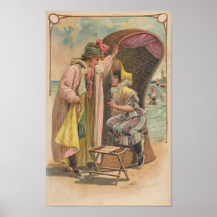 Poster Carte postale 1909. Vacances Plage. Style maillot 
