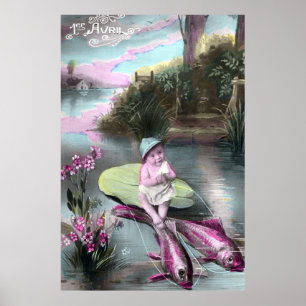 Poster Carte postale française vintage du poisson d'avril